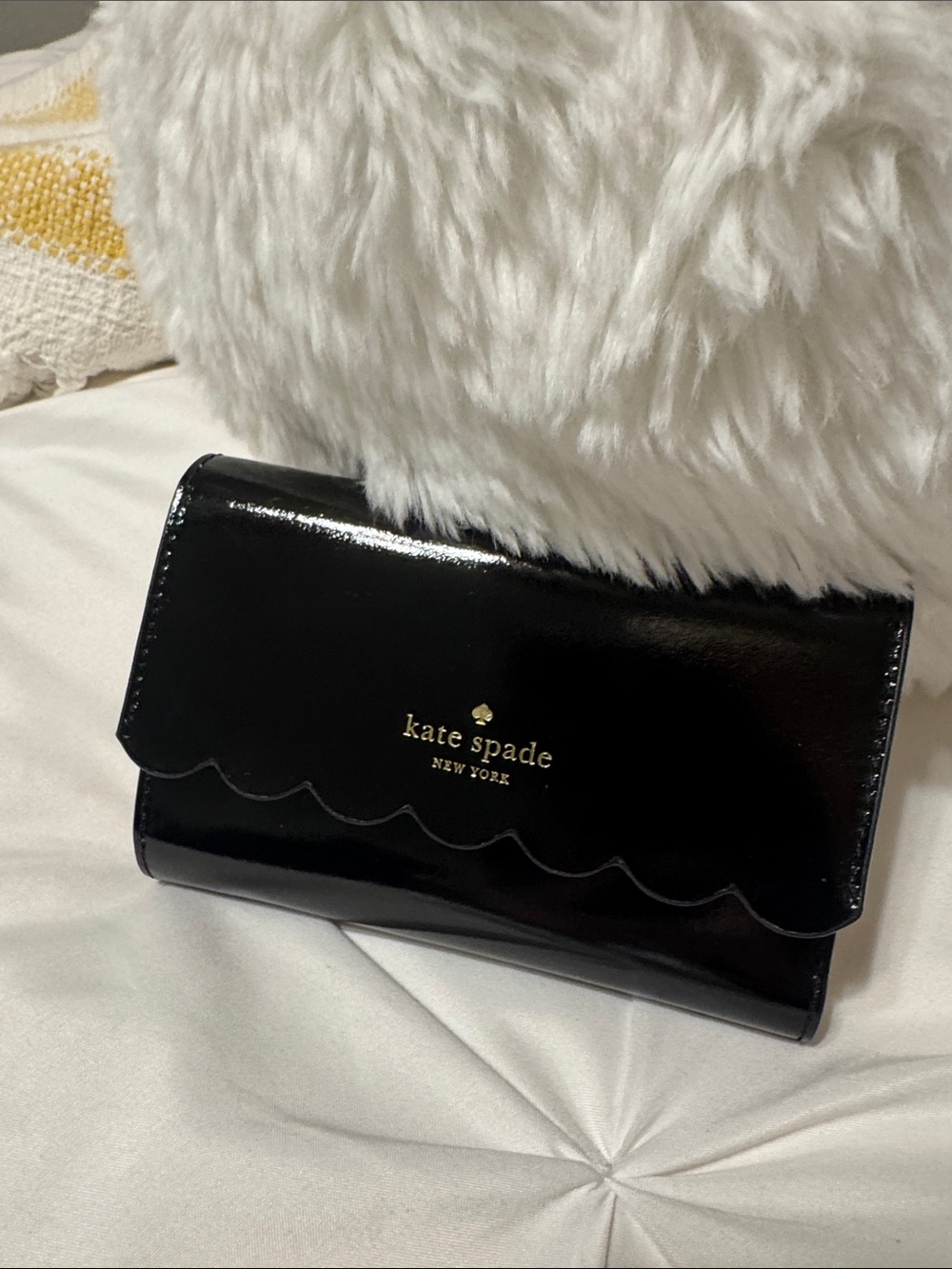 kate spade Black Patent Scallop Flap Wallet with Gold Logo